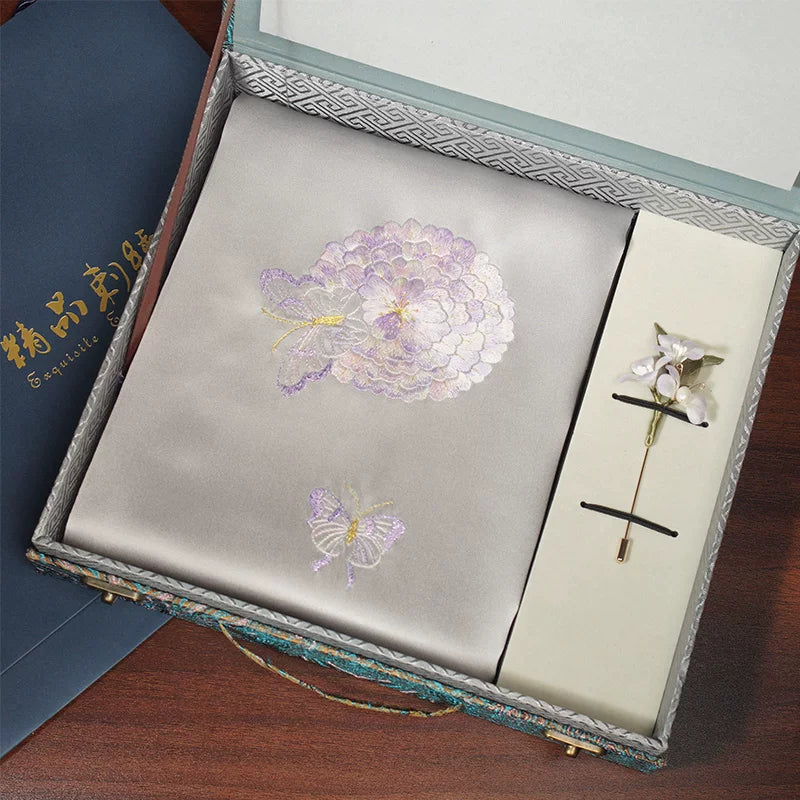 Hydrangea & Butterfly, Purple / Scarf + Embroidered Brooch