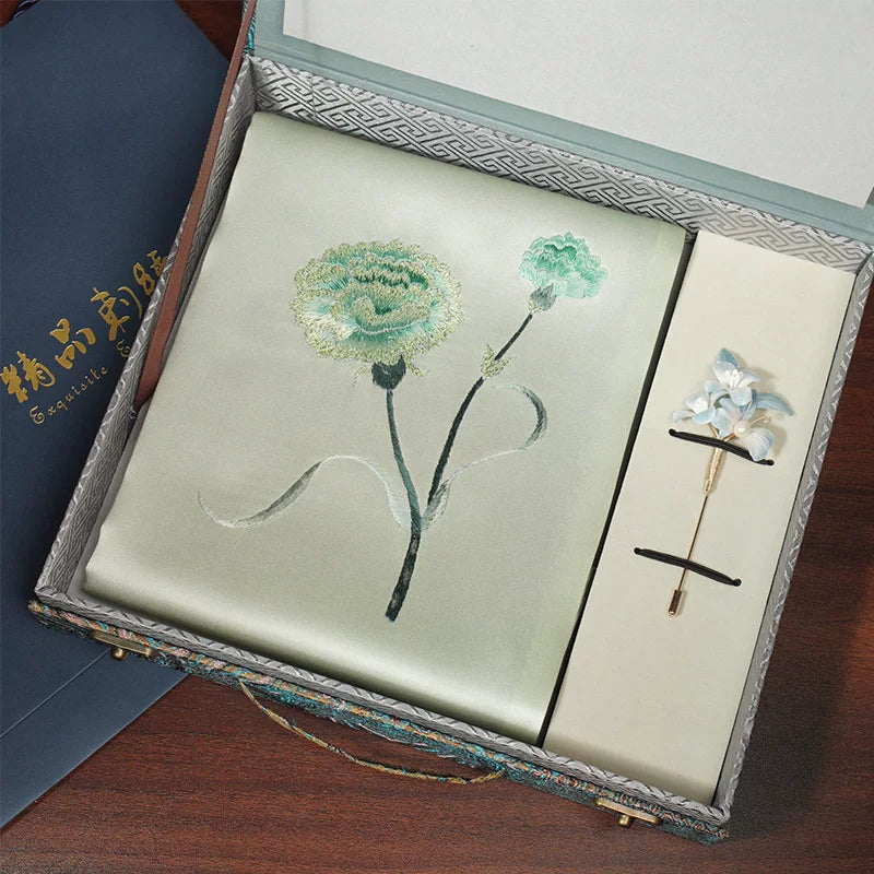 Carnation, Light Green / Scarf + Embroidered Brooch
