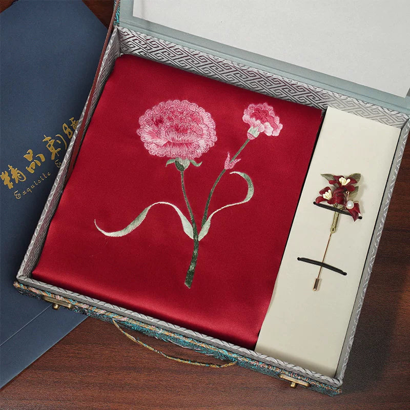 Carnation, Red / Scarf + Embroidered Brooch