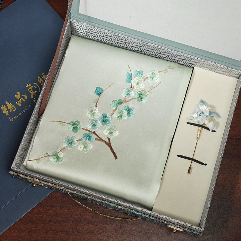 Plum Blossom, Light Green / Scarf + Embroidered Brooch