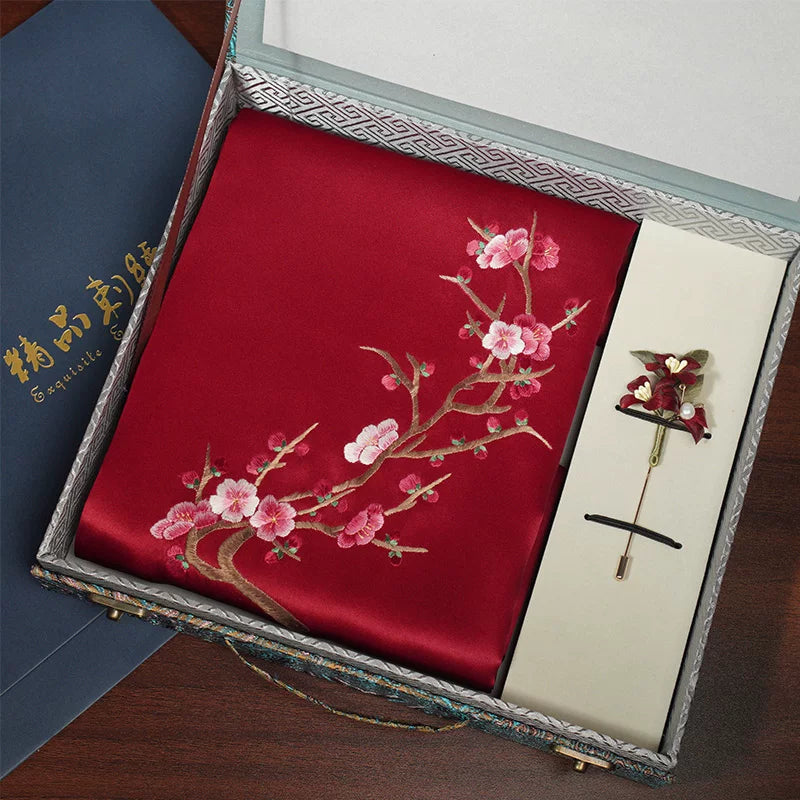 Plum Blossom, Red / Scarf + Embroidered Brooch