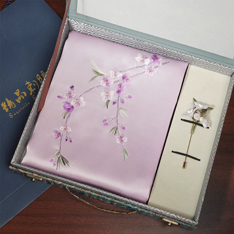 Crabapple Blossom, Purple / Scarf + Embroidered Brooch