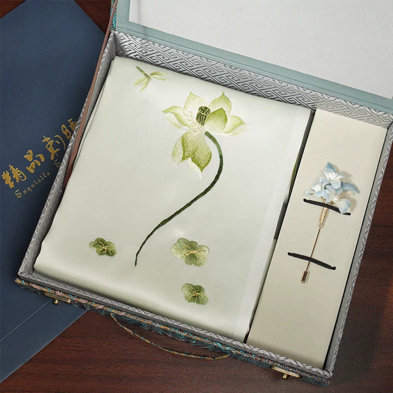 Lotus, Light Green / Scarf + Embroidered Brooch