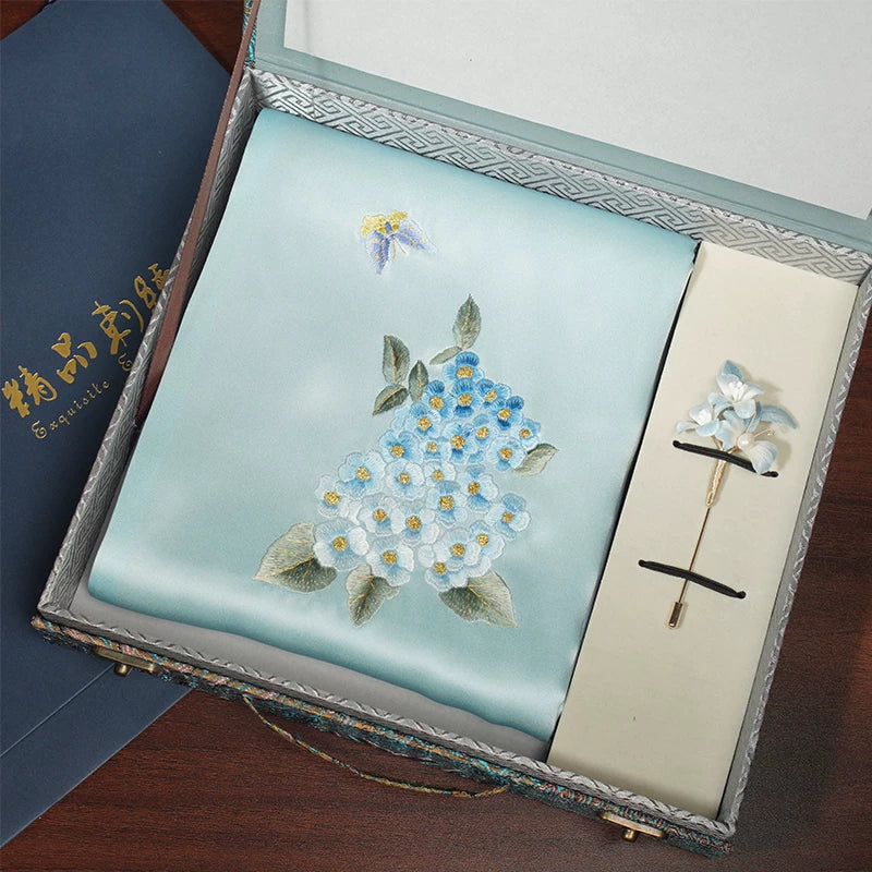 Hydrangea, Blue / Scarf + Embroidered Brooch