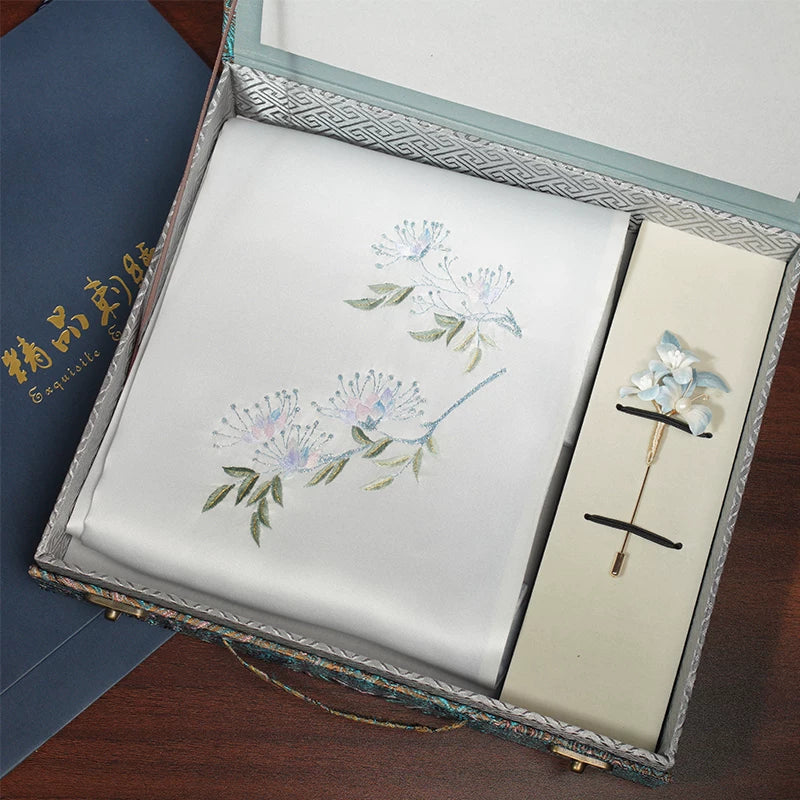 Wild Orchid, Mist Grey / Scarf + Embroidered Brooch