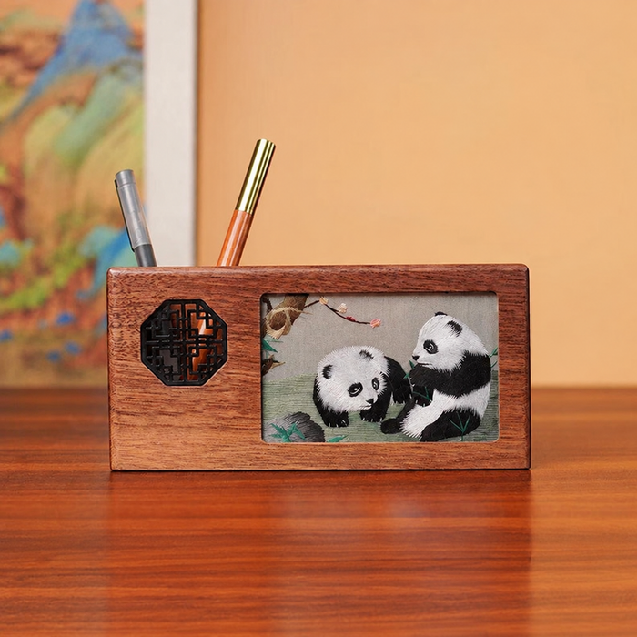 Wooden pen holder with double-sided panda silk embroidery