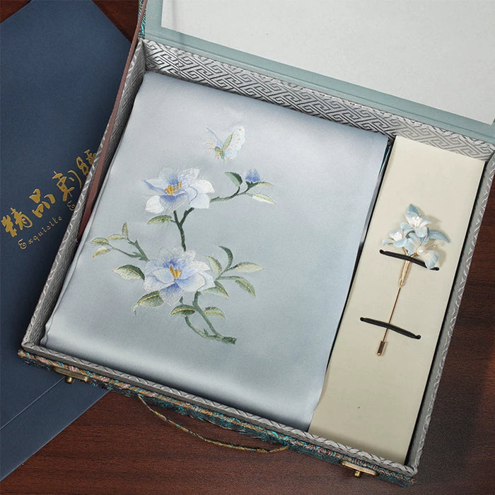 Su Embroidery Silk Scarf and Velvet-Flower Brooch Gift Box