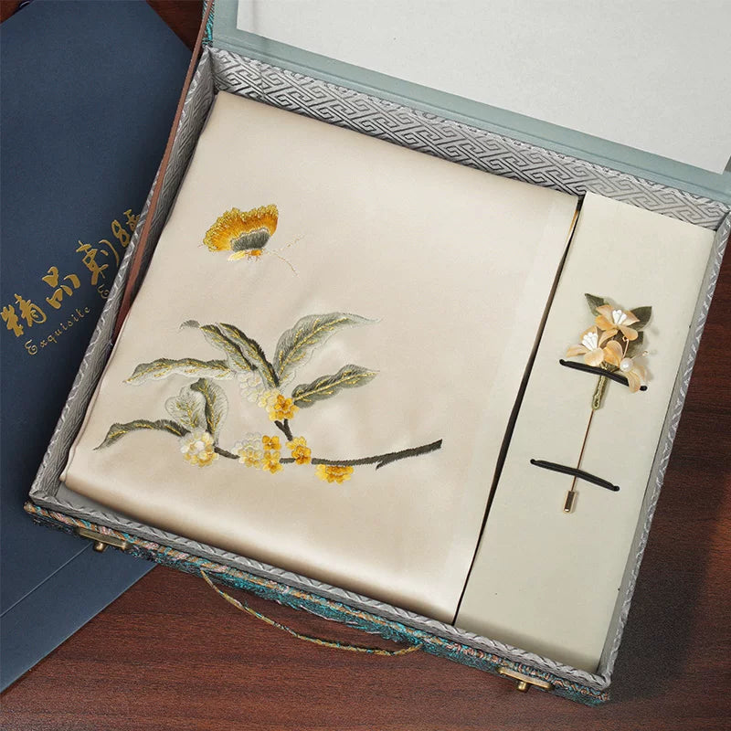 Osmanthus & Butterfly, Champagne / Scarf + Embroidered Brooch