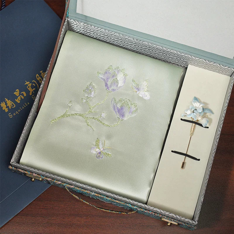 Butterfly & Magnolia, Light Green / Scarf + Embroidered Brooch