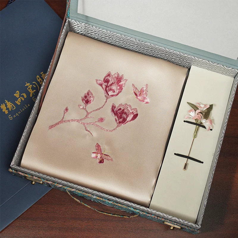 Butterfly & Magnolia, Pink / Scarf + Embroidered Brooch