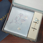 Butterfly & Magnolia, Blue / Scarf + Embroidered Brooch