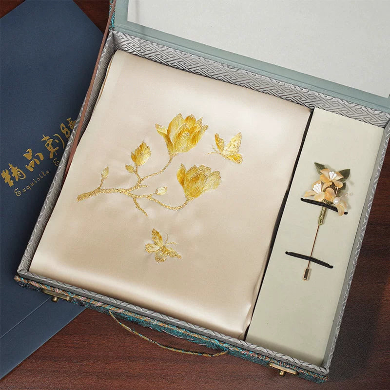 Butterfly & Magnolia, Champagne / Scarf + Embroidered Brooch