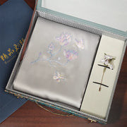 Butterfly & Magnolia, Purple / Scarf + Embroidered Brooch