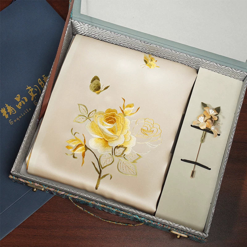 Rose & Butterfly, Champagne / Scarf + Embroidered Brooch