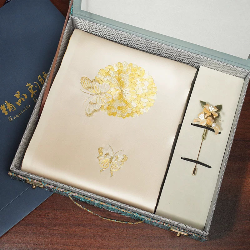 Hydrangea & Butterfly, Champagne / Scarf + Embroidered Brooch