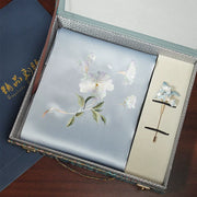 Hibiscus Blossom, Blue / Scarf + Embroidered Brooch