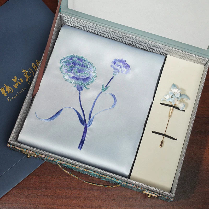 Carnation, Blue / Scarf + Embroidered Brooch