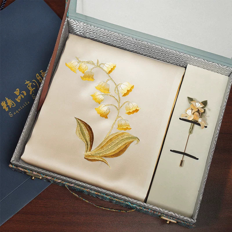 Lily of the Valley, Champagne / Scarf + Embroidered Brooch