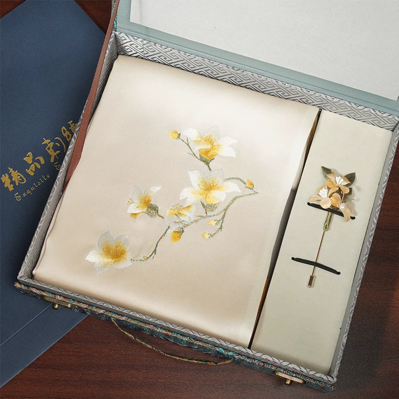 Magnolia Blossom, Champagne / Scarf + Embroidered Brooch