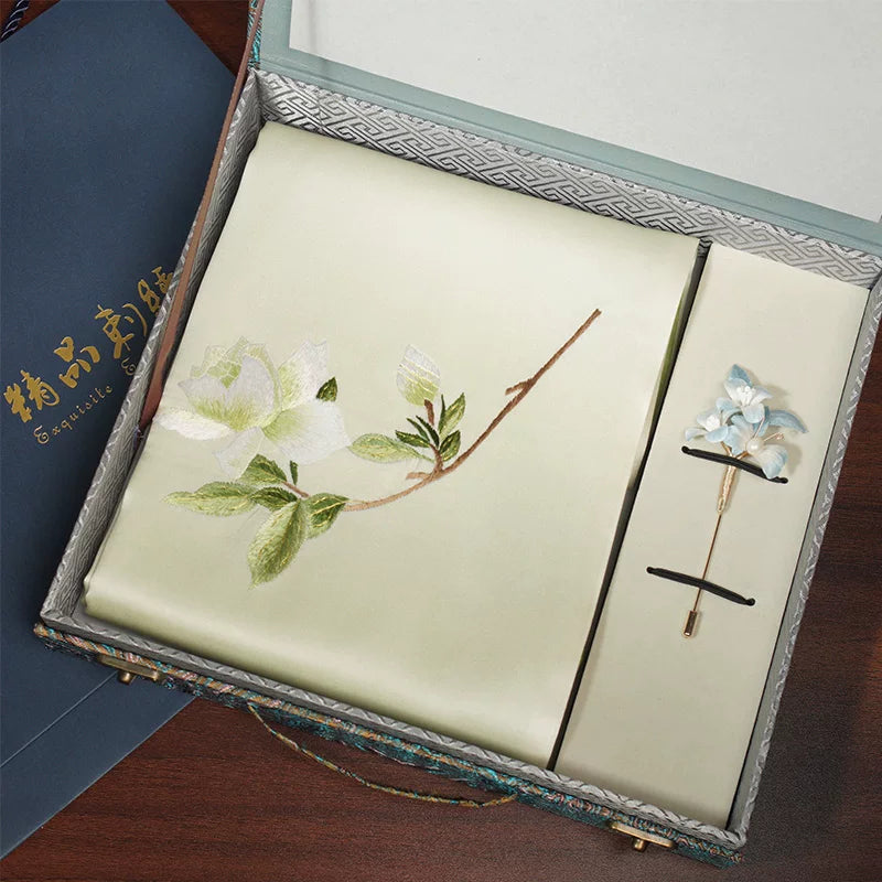 Gardenia, Light Green / Scarf + Embroidered Brooch