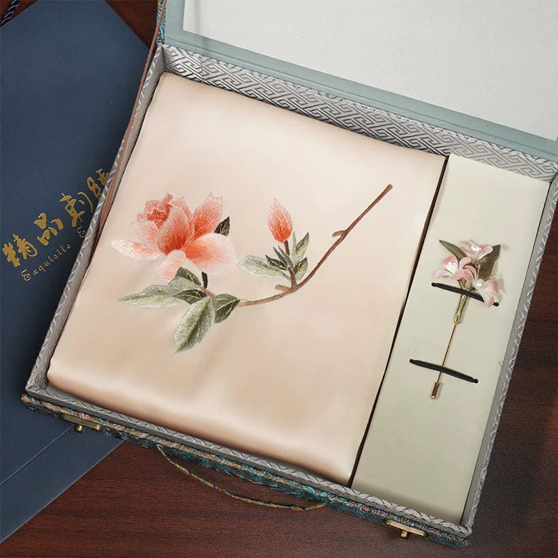 Gardenia, Pink / Scarf + Embroidered Brooch