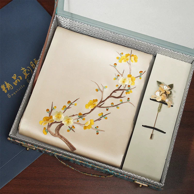 Plum Blossom, Champagne / Scarf + Embroidered Brooch