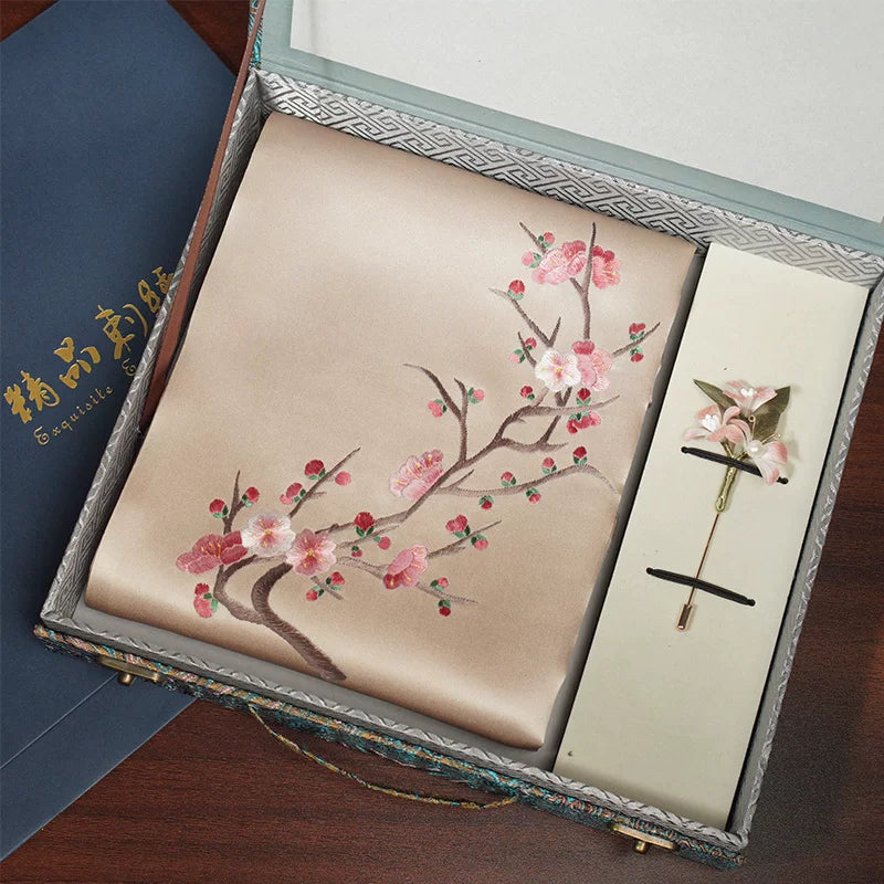 Plum Blossom, Pink / Scarf + Embroidered Brooch