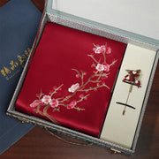 Plum Blossom, Red / Scarf + Embroidered Brooch