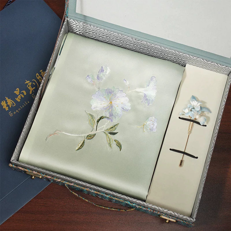Hibiscus, Light Green / Scarf + Embroidered Brooch