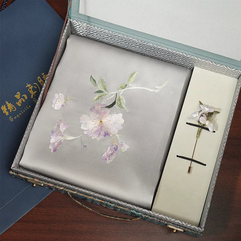 Hibiscus, Lilac / Scarf + Embroidered Brooch