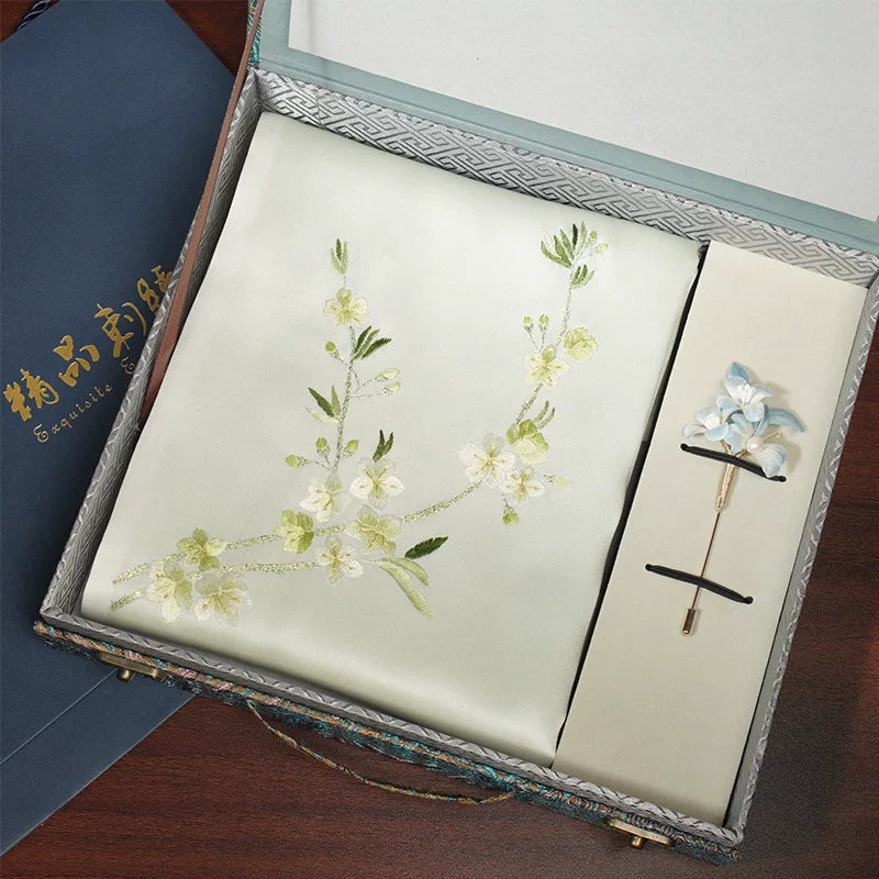 Crabapple Blossom, Light Green / Scarf + Embroidered Brooch