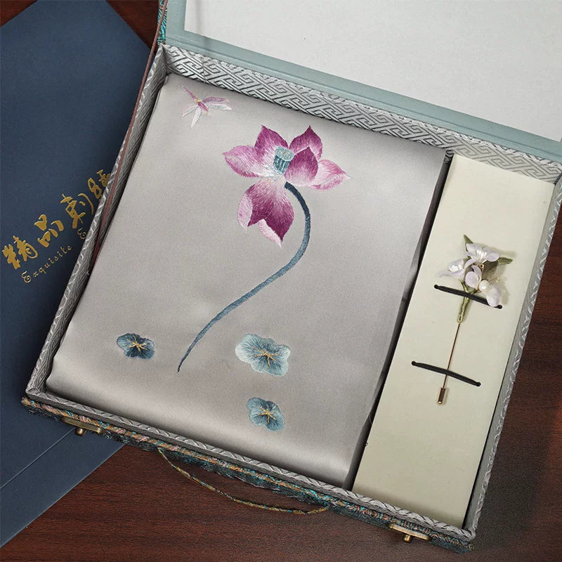 Lotus, Purple / Scarf + Embroidered Brooch