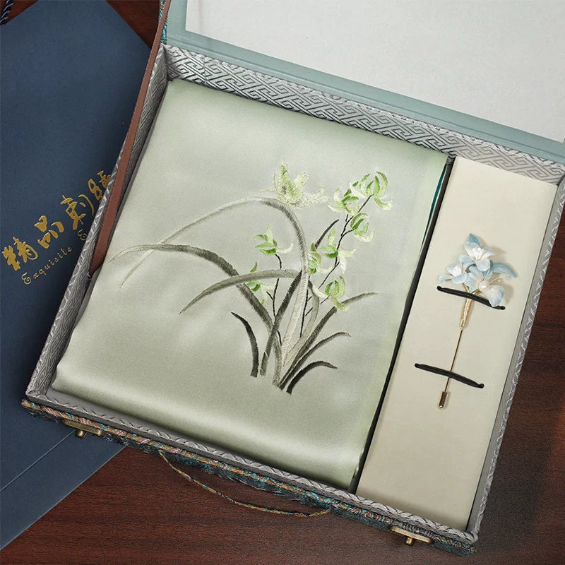 Orchid, Light Green / Scarf + Embroidered Brooch