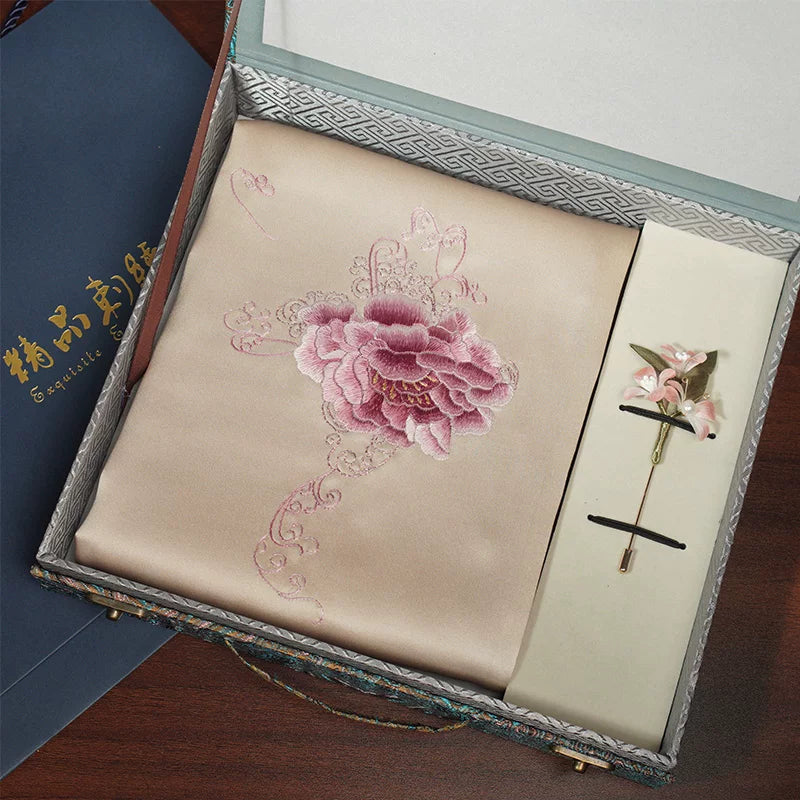 Peony, Pink / Scarf + Embroidered Brooch