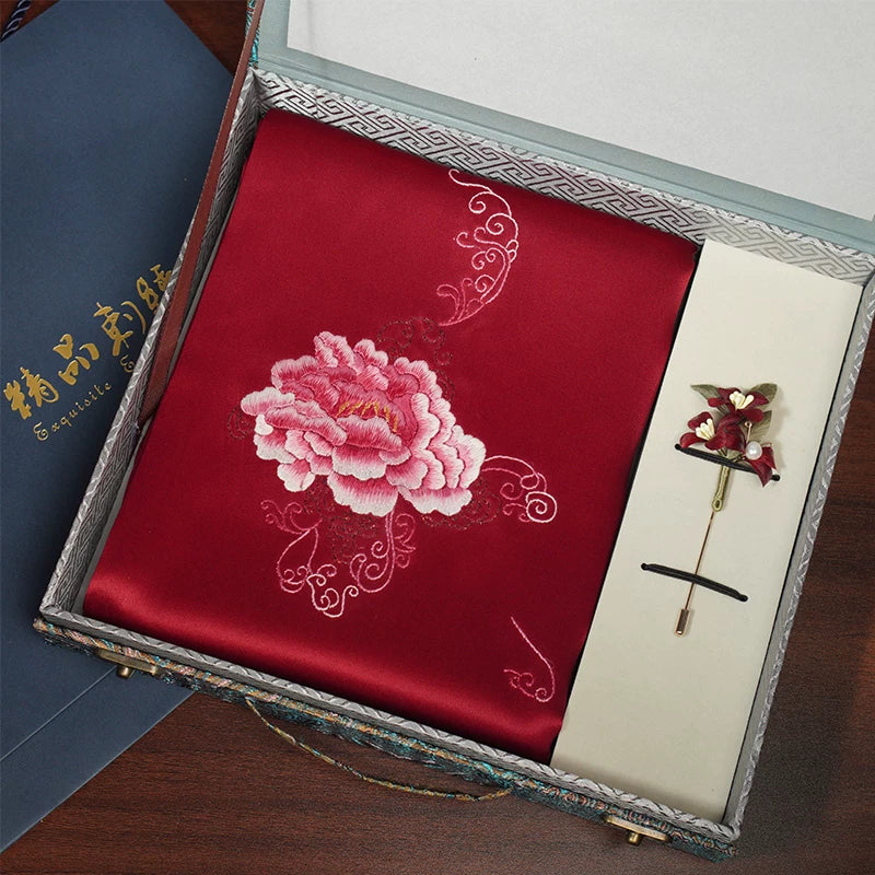 Peony, Red / Scarf + Embroidered Brooch