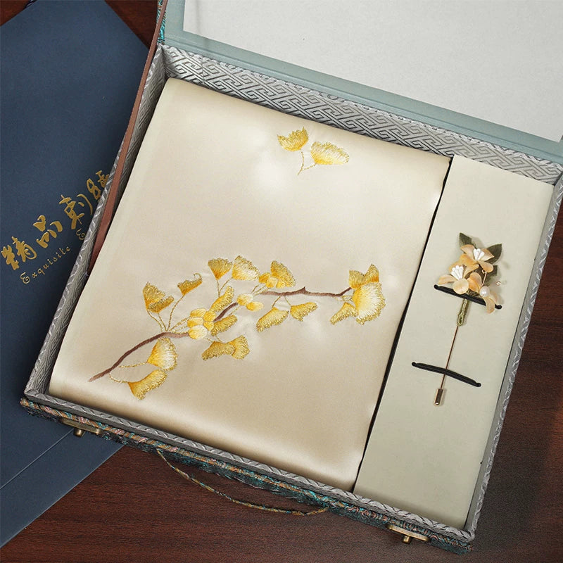 Ginkgo, Champagne / Scarf + Embroidered Brooch