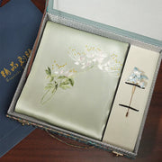 Wild Orchid, Light Green / Scarf + Embroidered Brooch