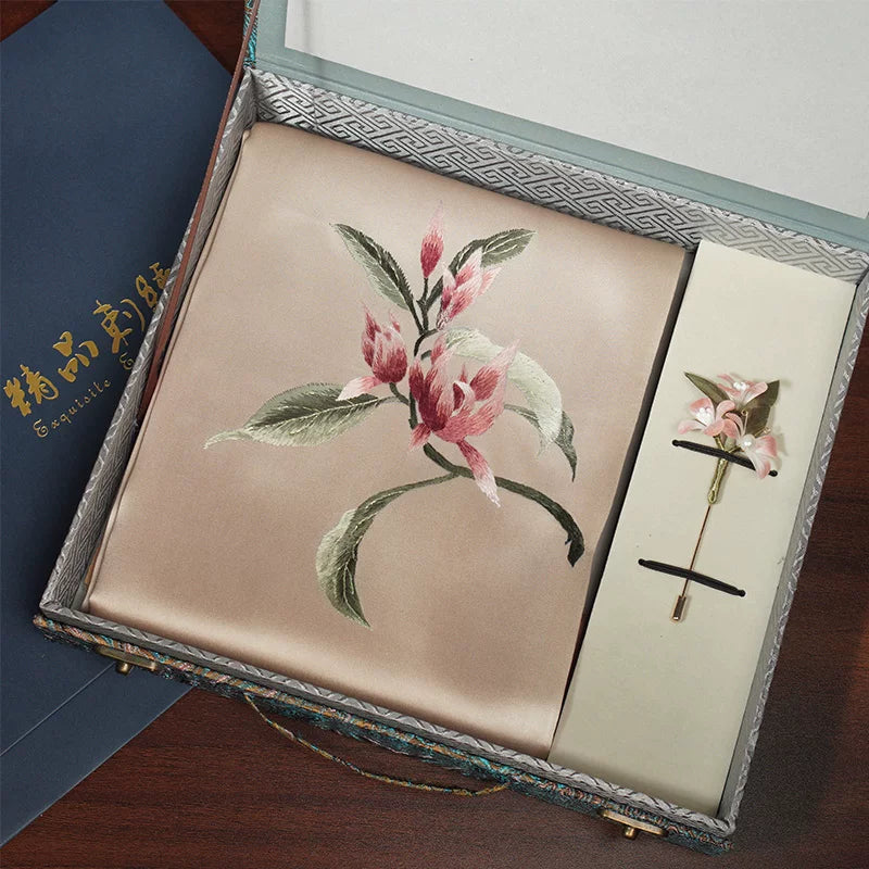 Magnolia, Pink / Scarf + Embroidered Brooch