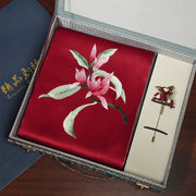 Magnolia, Red / Scarf + Embroidered Brooch