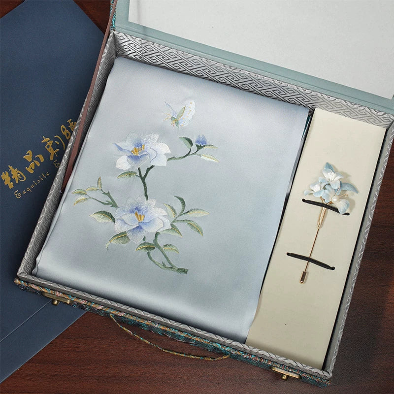 Su Embroidery Silk Scarf and Velvet-Flower Brooch Gift Box